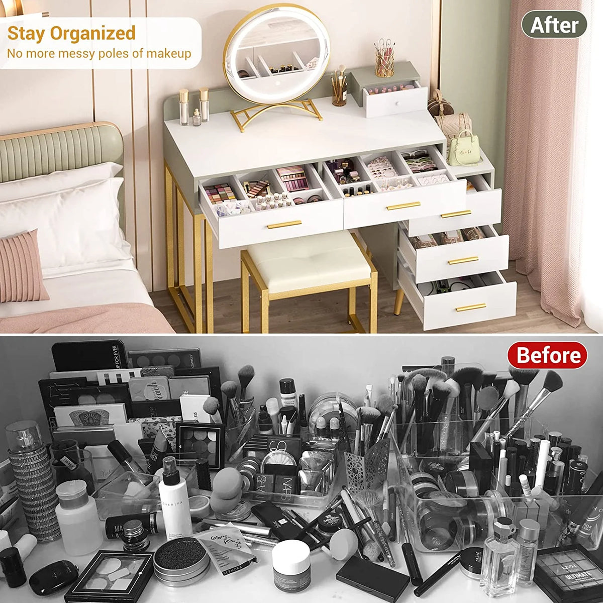 White Reversible Vanity Desk with Lighted Mirror and Stool F738694