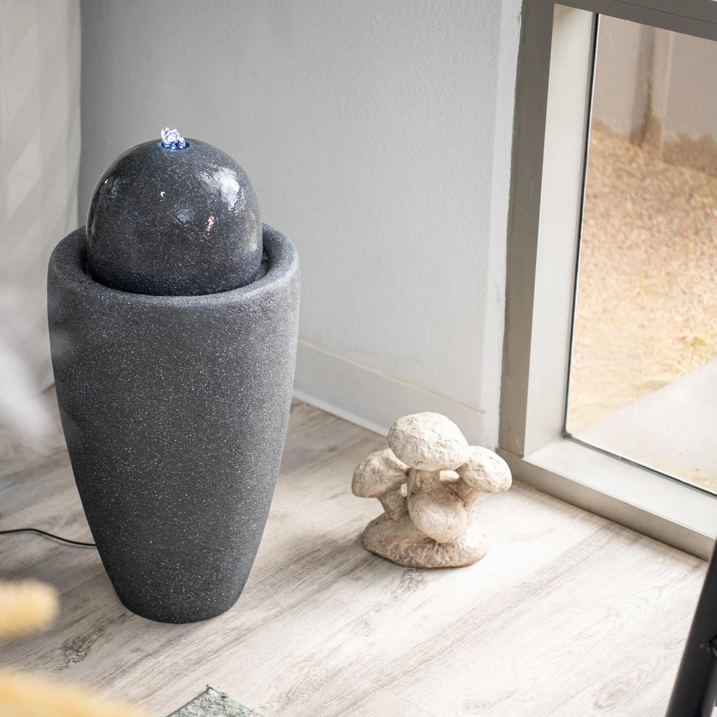 25.98"W Round Stone Indoor/Outdoor Water Fountain with LED Lights, Gray O416