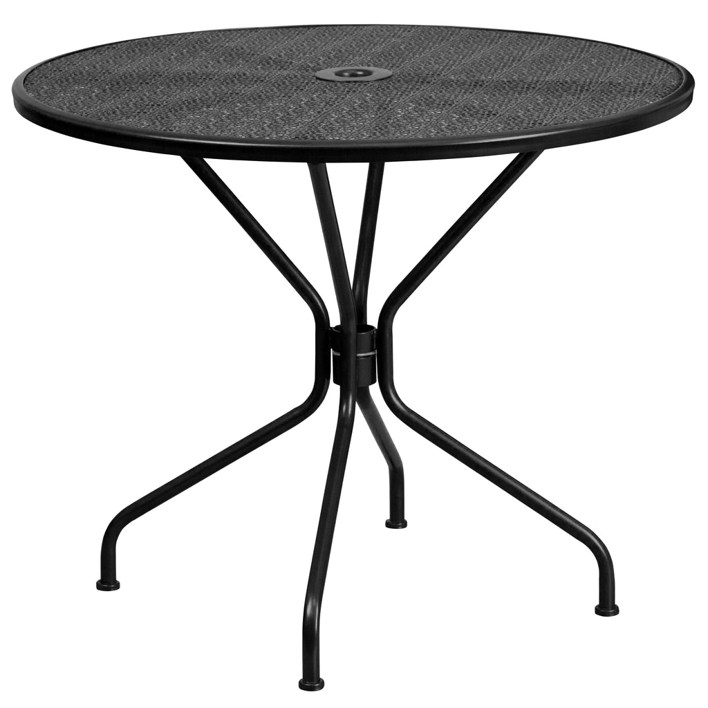 Round Black Indoor-Outdoor Steel Patio Table with Umbrella Hole P33165