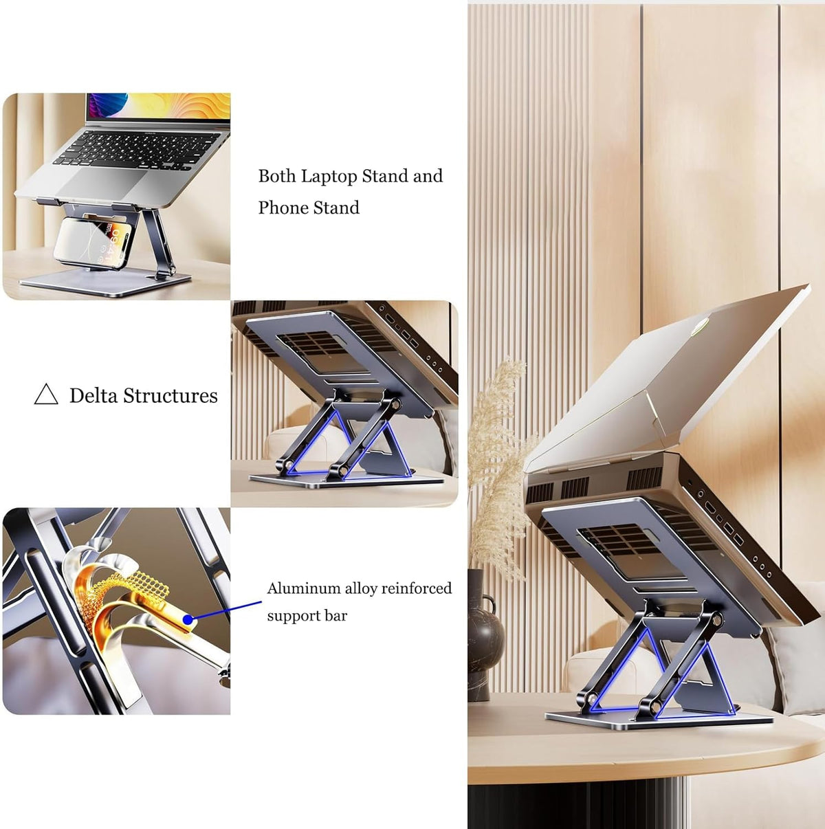Adjustable Height Laptop Stand with Phone Holder, Foldable Laptop Riser U3610