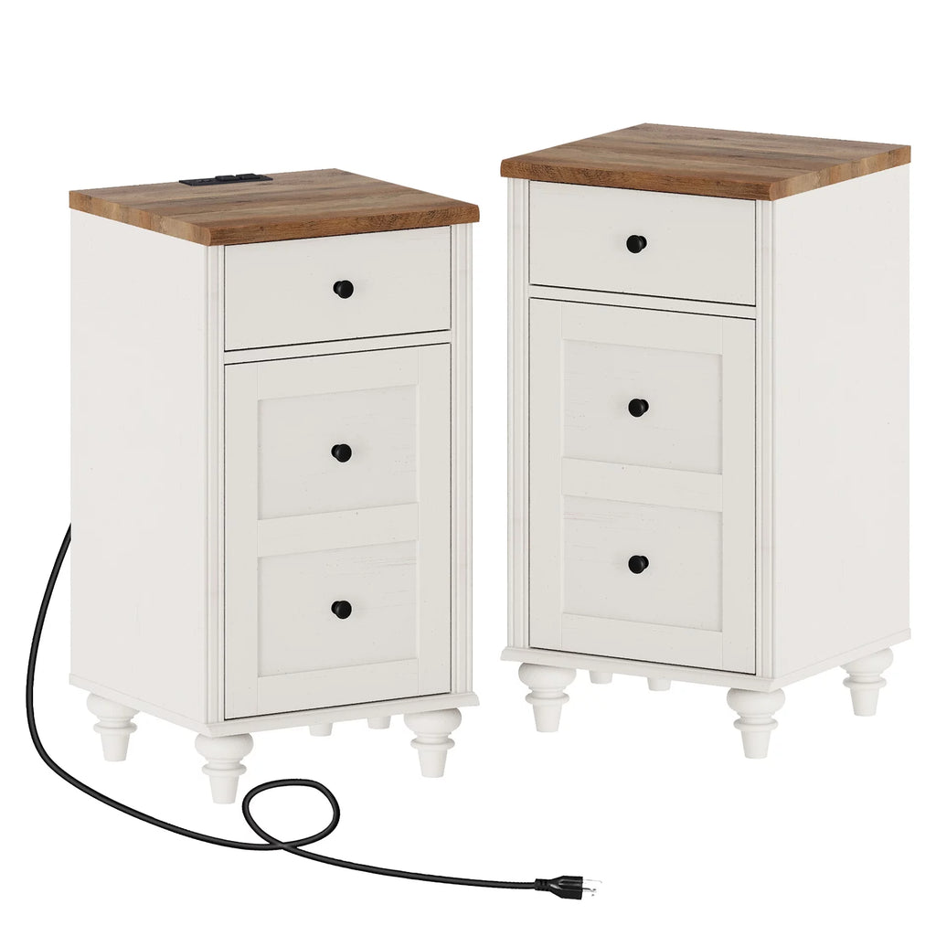 Off-White Wood Nightstand with Drawer and Charging Station B8873