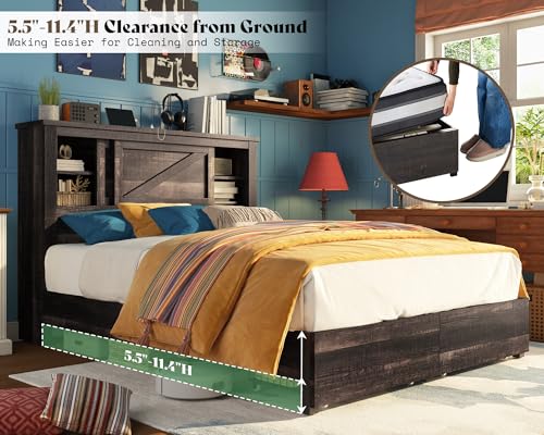 Grey King Bed Frame with Storage Drawers and Bookcase Headboard N95195