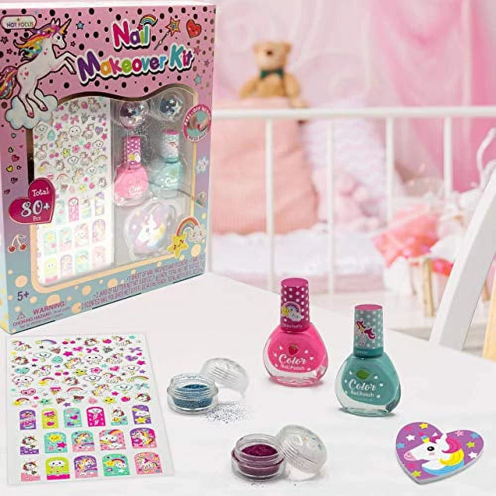 80PCS Scented Nail Polish, Pink and Blue Glitter, Unicorn Nail Stickers, Nail File, Non-Toxic Nail Art Kit B293