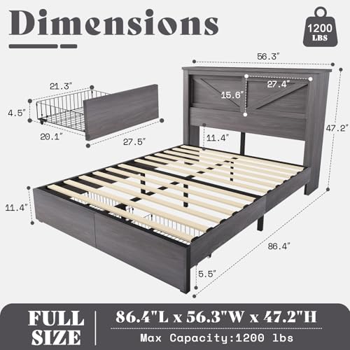 Grey King Bed Frame with Storage Drawers and Bookcase Headboard N95195