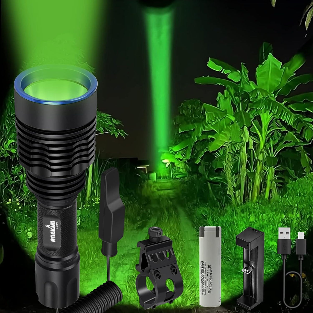 Green Tactical Flashlight Rechargeable Picatinny Mount Z95375