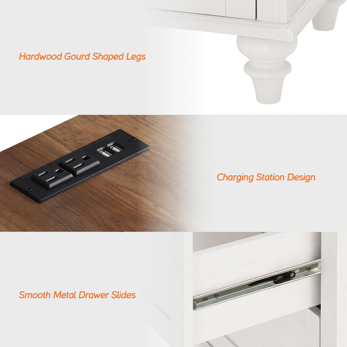 Off-White Wood Nightstand with Drawer and Charging Station B8873
