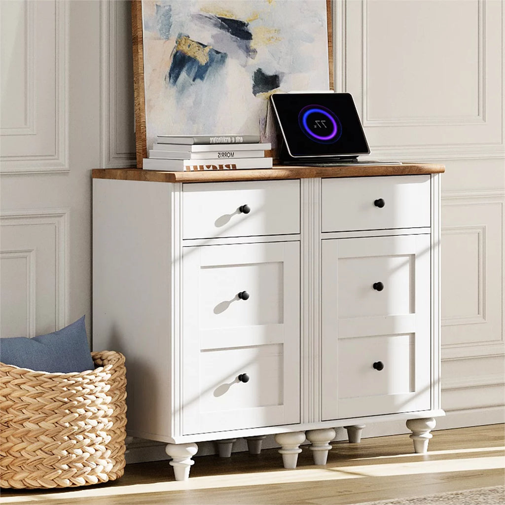 Off-White Wood Nightstand with Drawer and Charging Station B8873