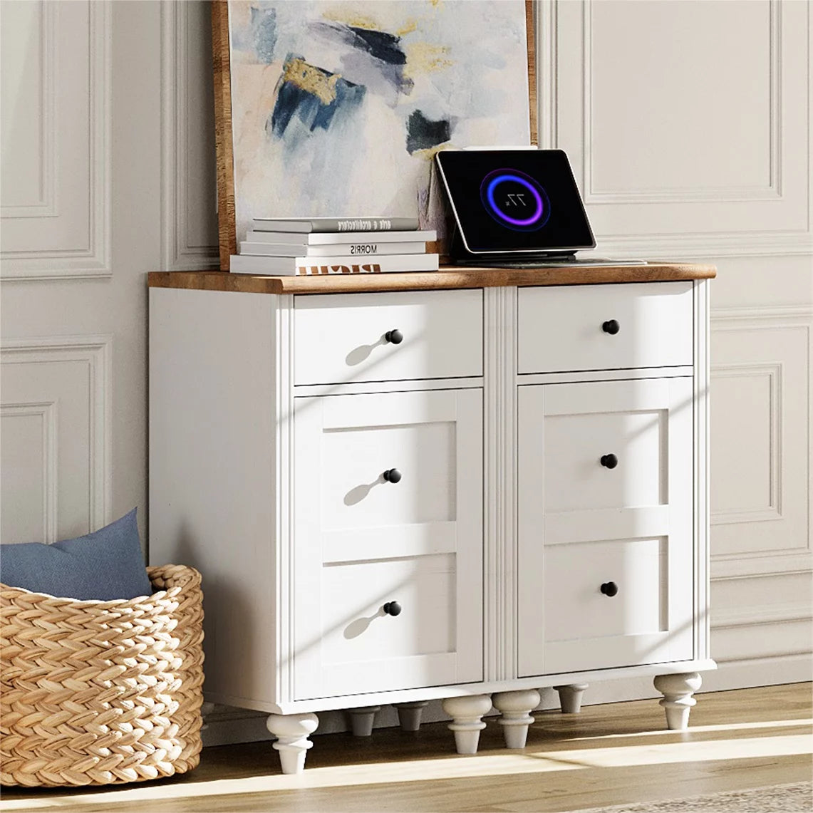 Off-White Wood Nightstand with Drawer and Charging Station B8873