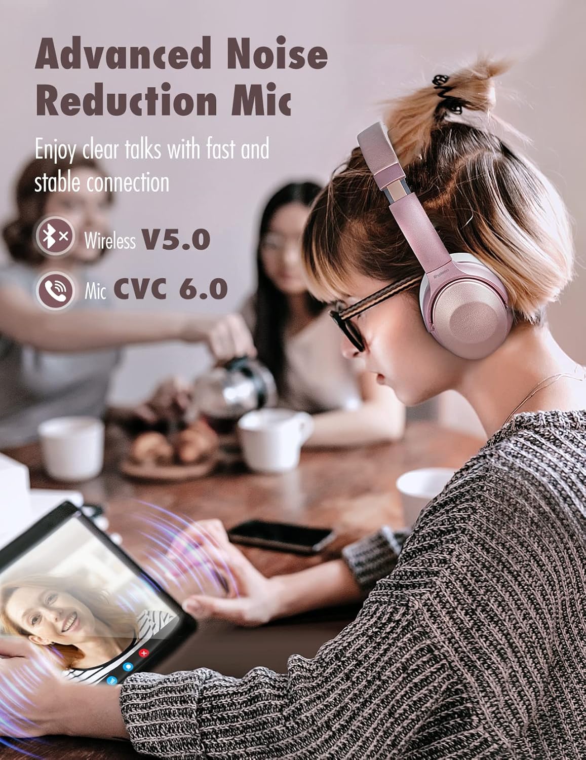 Pink Bluetooth Noise Canceling Headphones with Mics M759