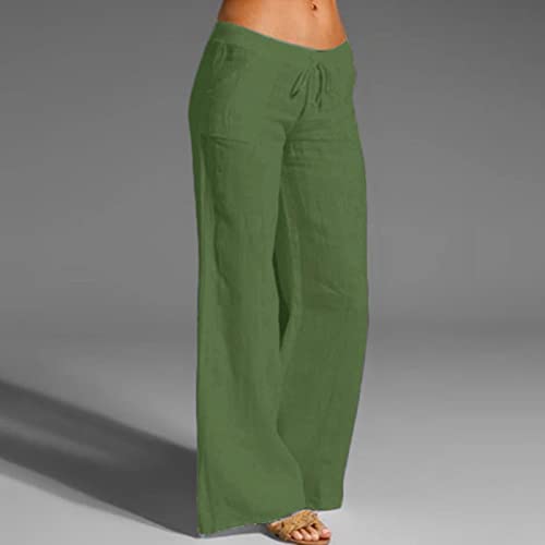 Women Linen Cotton Elastic Waist Drawstring Long Wide Leg Pants R8054