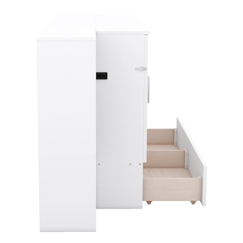 White Solid Wood Murphy Wall Bed with Storage and Bookcase Headboard O17398