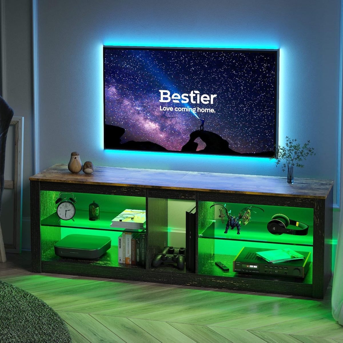Rustic Brown 42 Inch TV Stand with Glass Shelf M64015