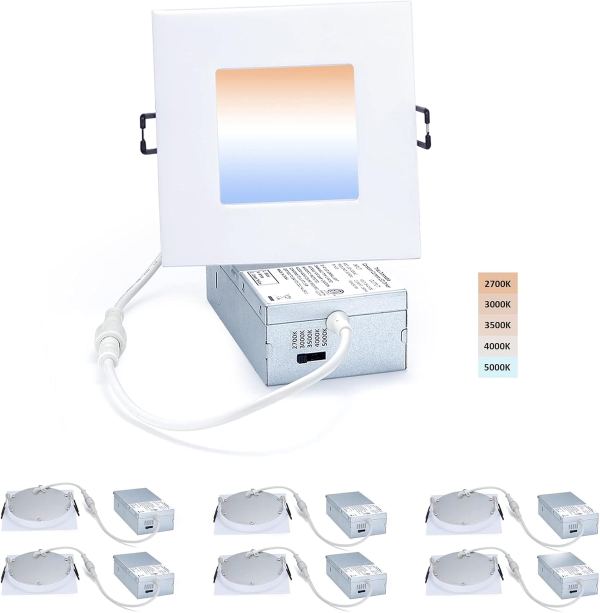 4-inch LED Canless Recessed Slim-Downlight, 5 CCT Adjustable Dimmable, 2700-5000K, 9W, Black Square Finish, 6 Pack L17153