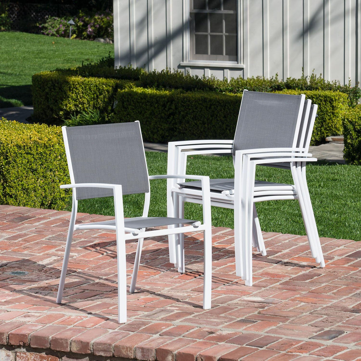 7-Piece Gray White Sling Chairs and Dining Table Outdoor Furniture C6991