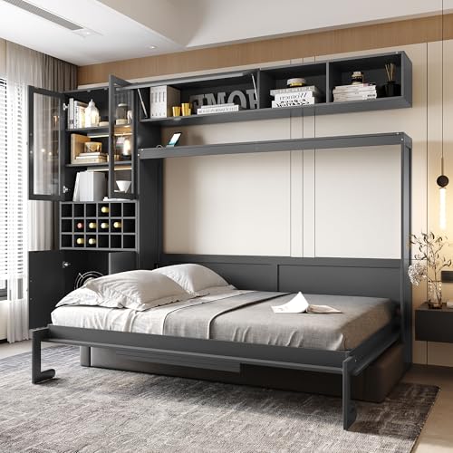 Queen Murphy Bed with Couch and Storage Shelves, Charging Station, LED Light, Wood Foldable Wall Bed Cabinet with Sofa and Storage Cabinet, Bookcase, Wine Rack (White) D3297