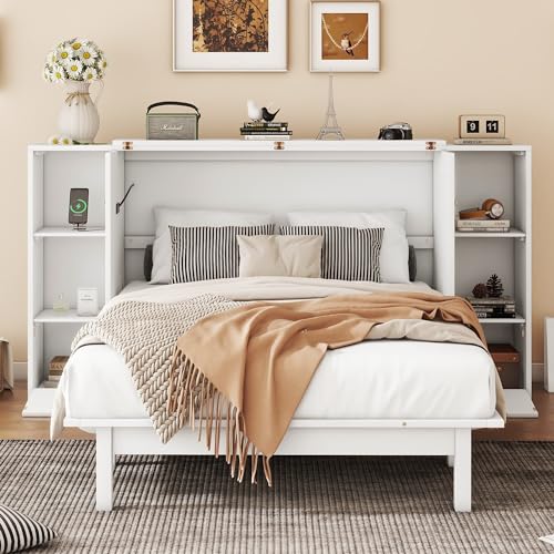 White Solid Wood Murphy Wall Bed with Storage and Bookcase Headboard O17398