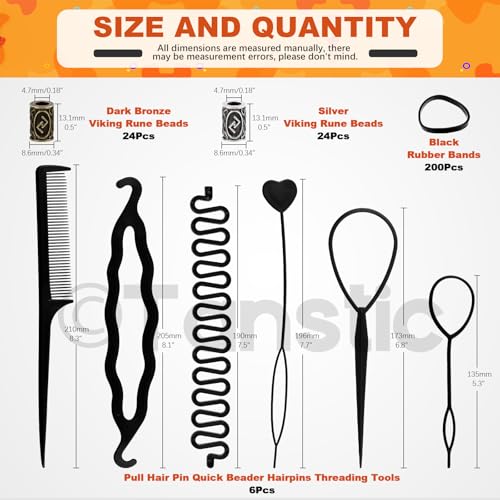 300Pcs Viking Rune Beads Hair Beard Beads Set including 5Pcs Black Pull Hairpin Quick Beader Hairpins and 200Pcs Black Rubber Bands with a Bag R3086