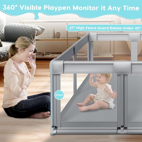 Large Baby Playpen with Soft Breathable Mesh, Grey H96505