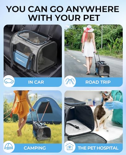 Cat Carrier with Wheels, Airline Approved Pet Carrier for Cats Dogs 15 lbs with Telescopic Handle, Small Dog Carrier with Wheels Removable, Soft Rolling Cat Carrier with Large Pocket N4161