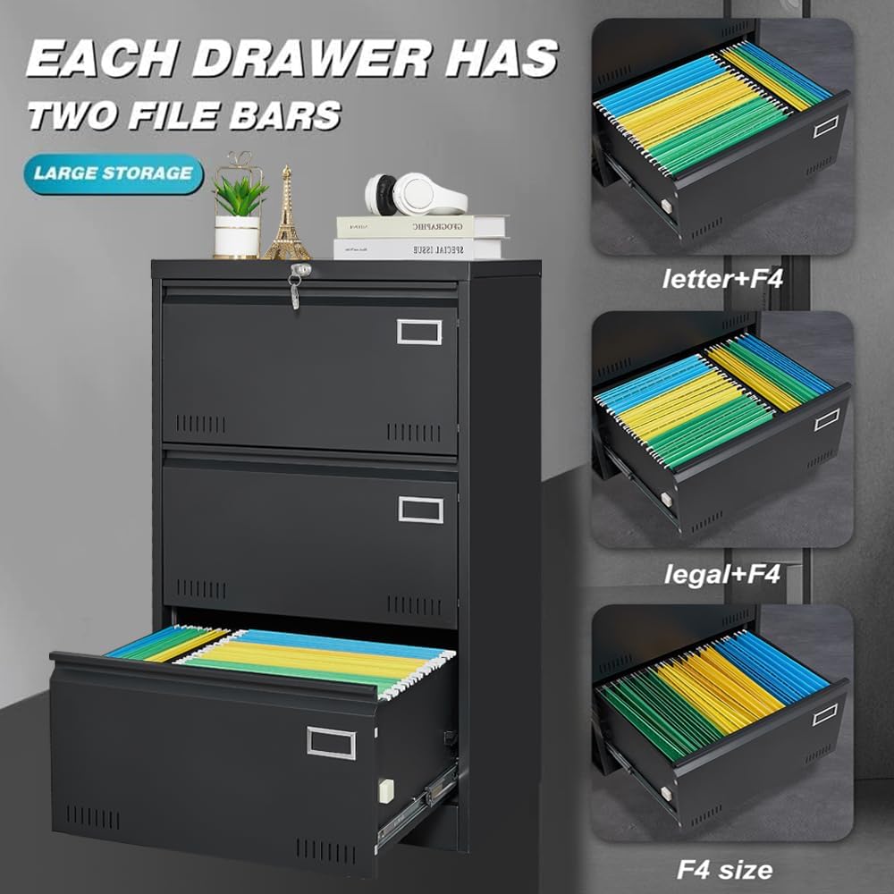 Black 3 Drawer Metal Lateral File Cabinet L361234