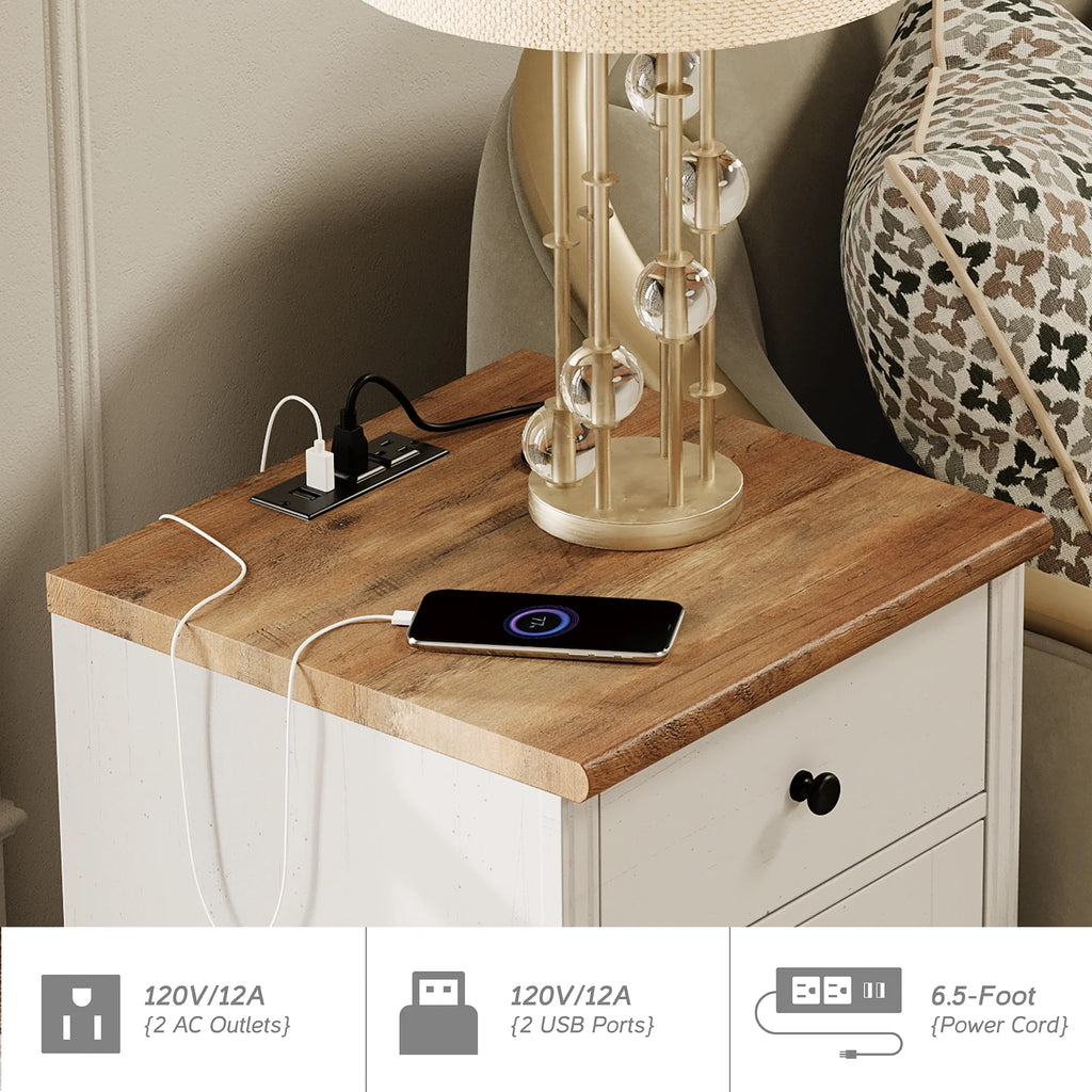 Off-White Wood Nightstand with Drawer and Charging Station B8873