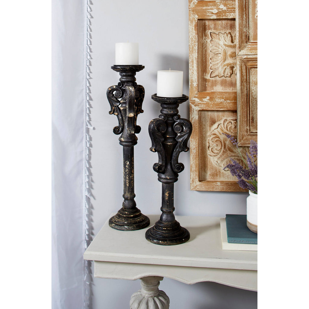 Large Black Carved Wood Candle Holders Set of 2 D4226