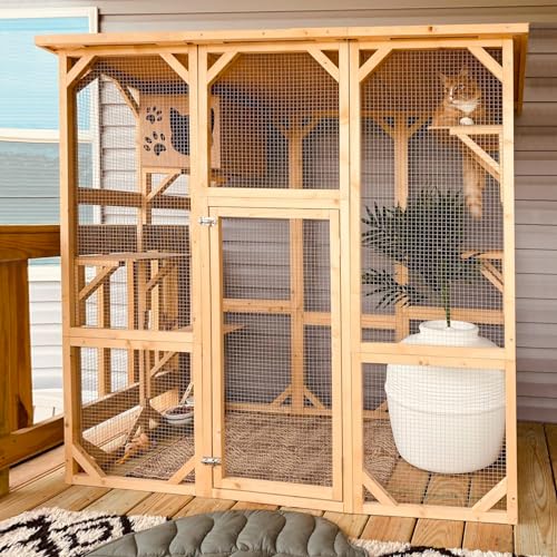Large Outdoor Wooden Cat Enclosure with Platform and Small House B700