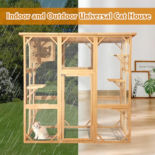 Large Outdoor Wooden Cat Enclosure with Platform and Small House B700