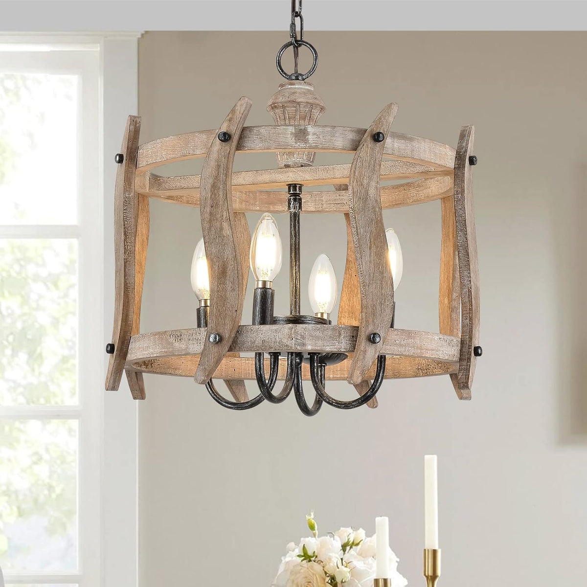 4 Light Wood Drum Chandelier M66013