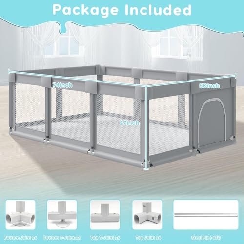 Large Baby Playpen with Soft Breathable Mesh, Grey H96505