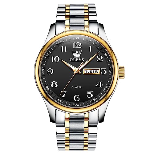 Gold Silver Black Stainless Steel Analog Quartz Watch with Day and Date X38850