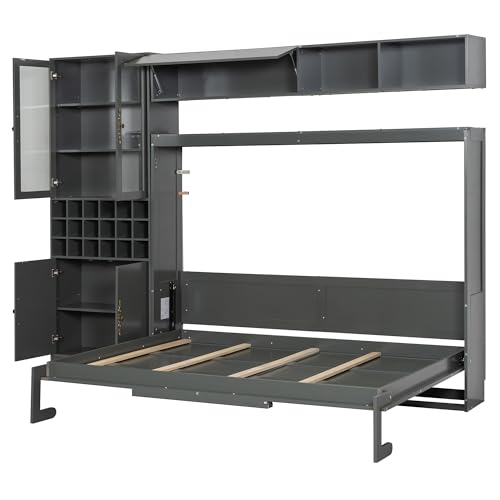 Queen Murphy Bed with Couch and Storage Shelves, Charging Station, LED Light, Wood Foldable Wall Bed Cabinet with Sofa and Storage Cabinet, Bookcase, Wine Rack (White) D3297