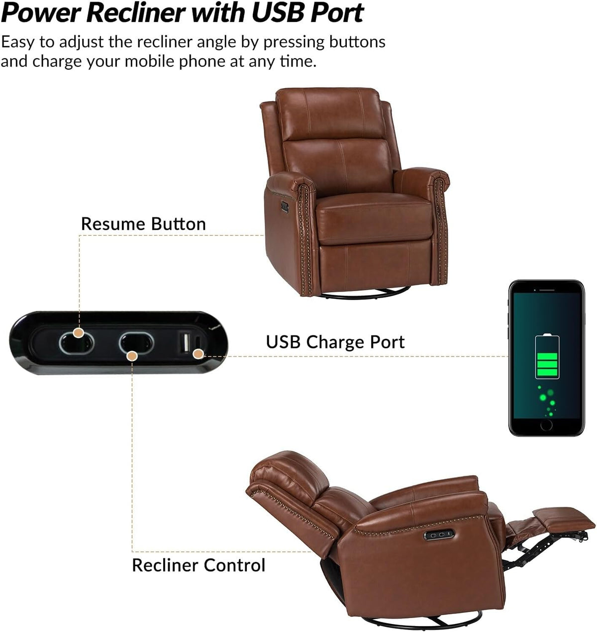 Genuine Leather Power Swivel Recliner with Metal Base E6537