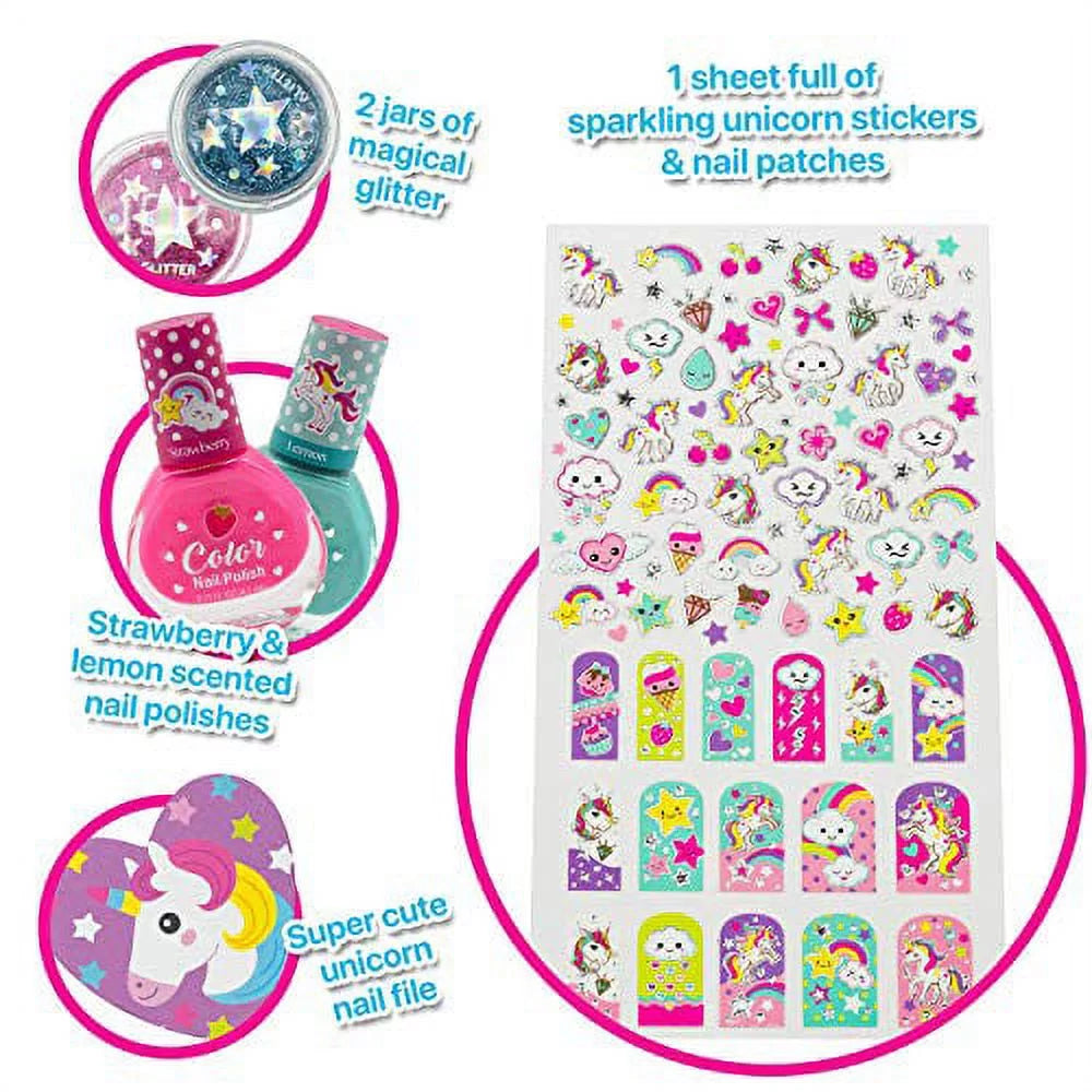 80PCS Scented Nail Polish, Pink and Blue Glitter, Unicorn Nail Stickers, Nail File, Non-Toxic Nail Art Kit B293