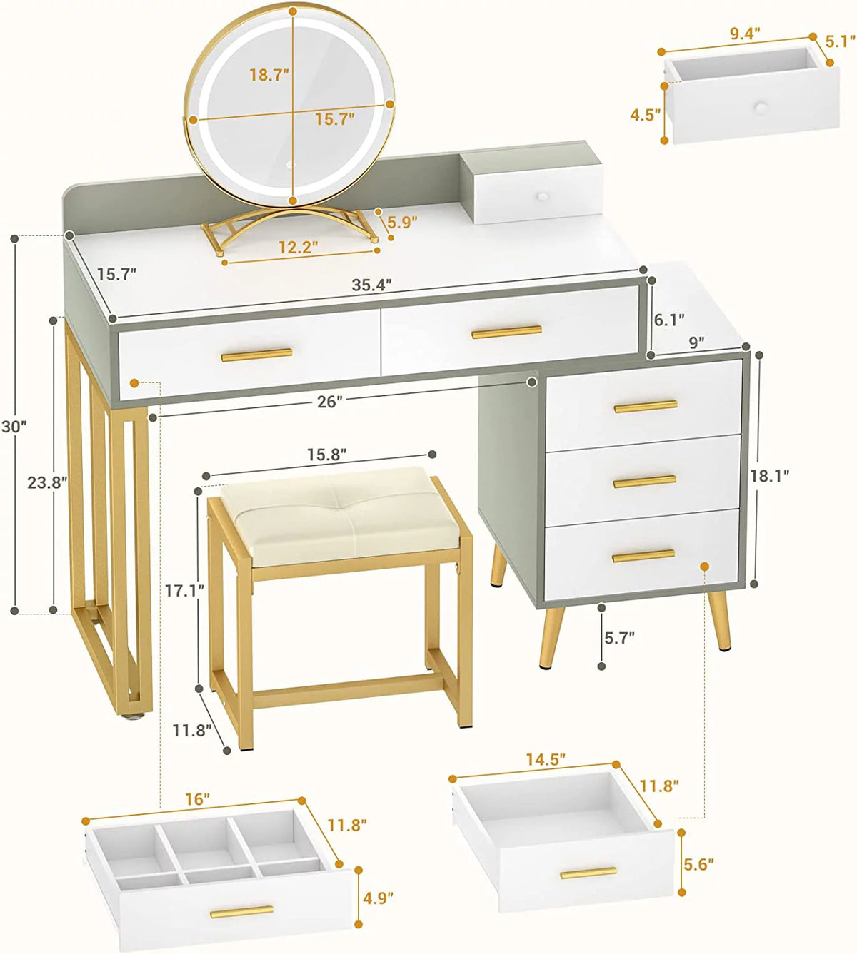 White Reversible Vanity Desk with Lighted Mirror and Stool F738694