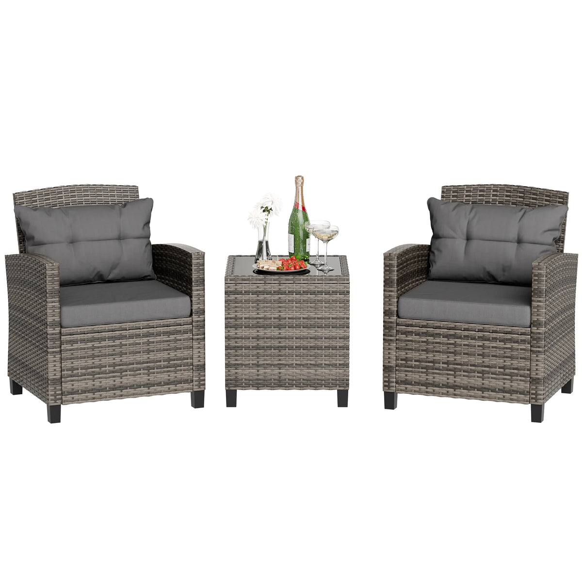 3 Pieces Wicker Patio Furniture Set with Tempered Glass Table Beige R66393