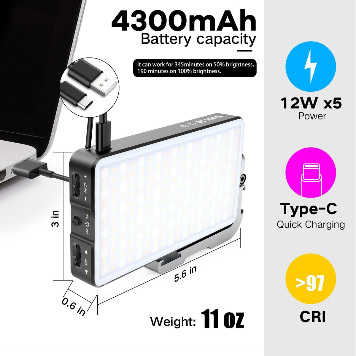 Pocket RGB Camera Light with Aluminum Alloy Body, Adjustable Tripod Stand, Pack of 2 T72541