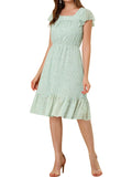 Floral Print Flutter Sleeves Square Neck Ruffled Hem Dress D84239