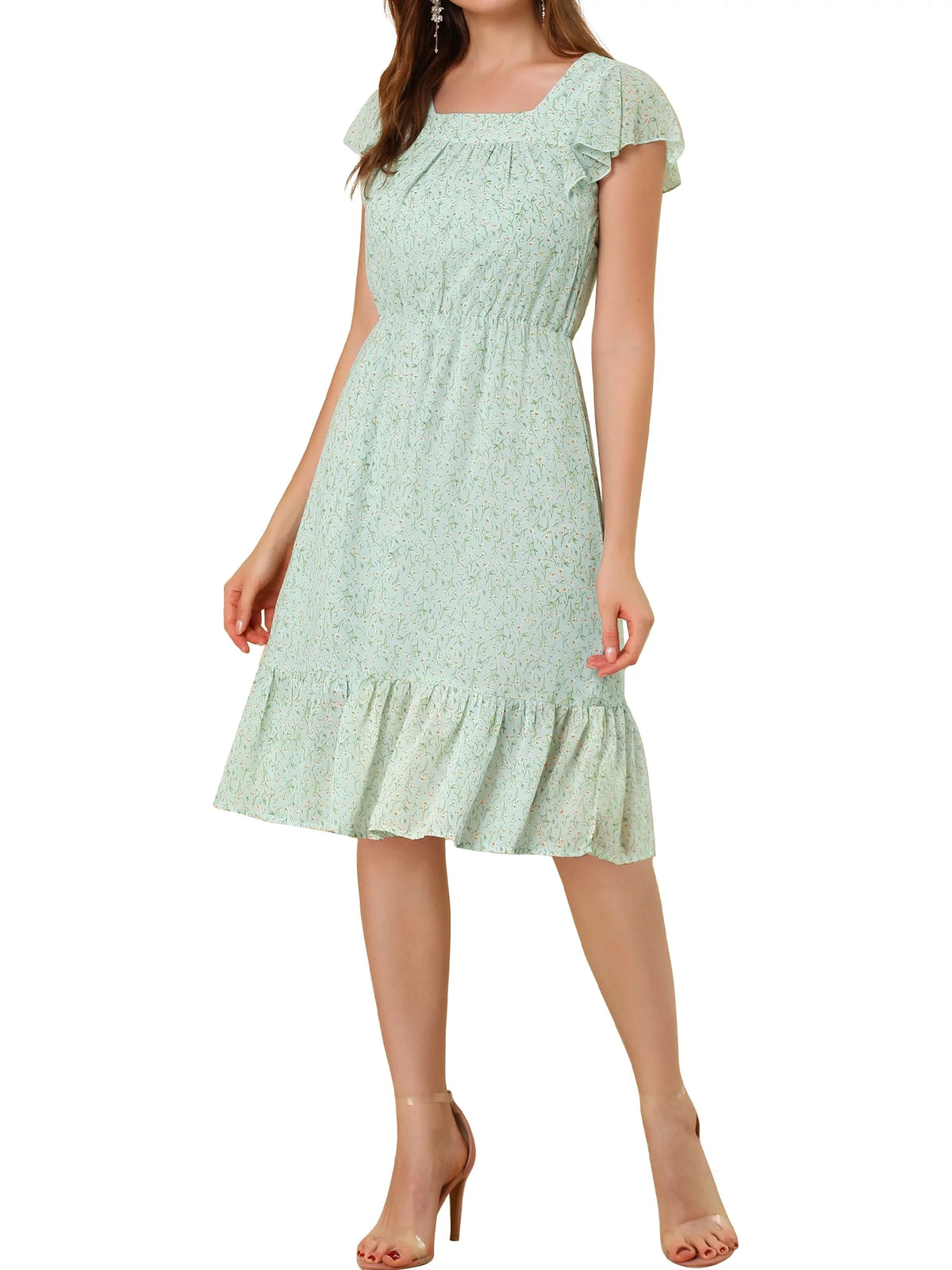 Floral Print Flutter Sleeves Square Neck Ruffled Hem Dress D84239