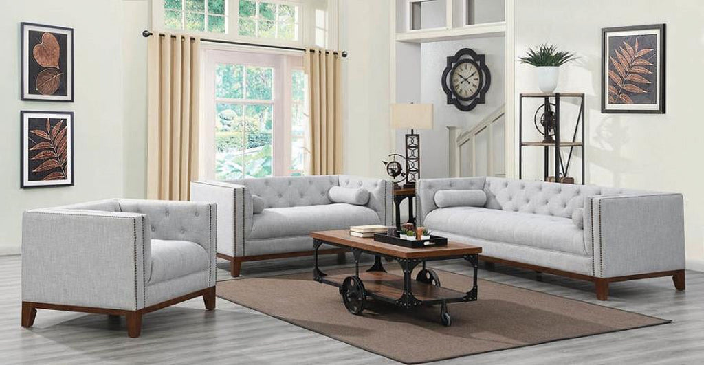 White and Brown Button Tufted Fabric Sofa L7097