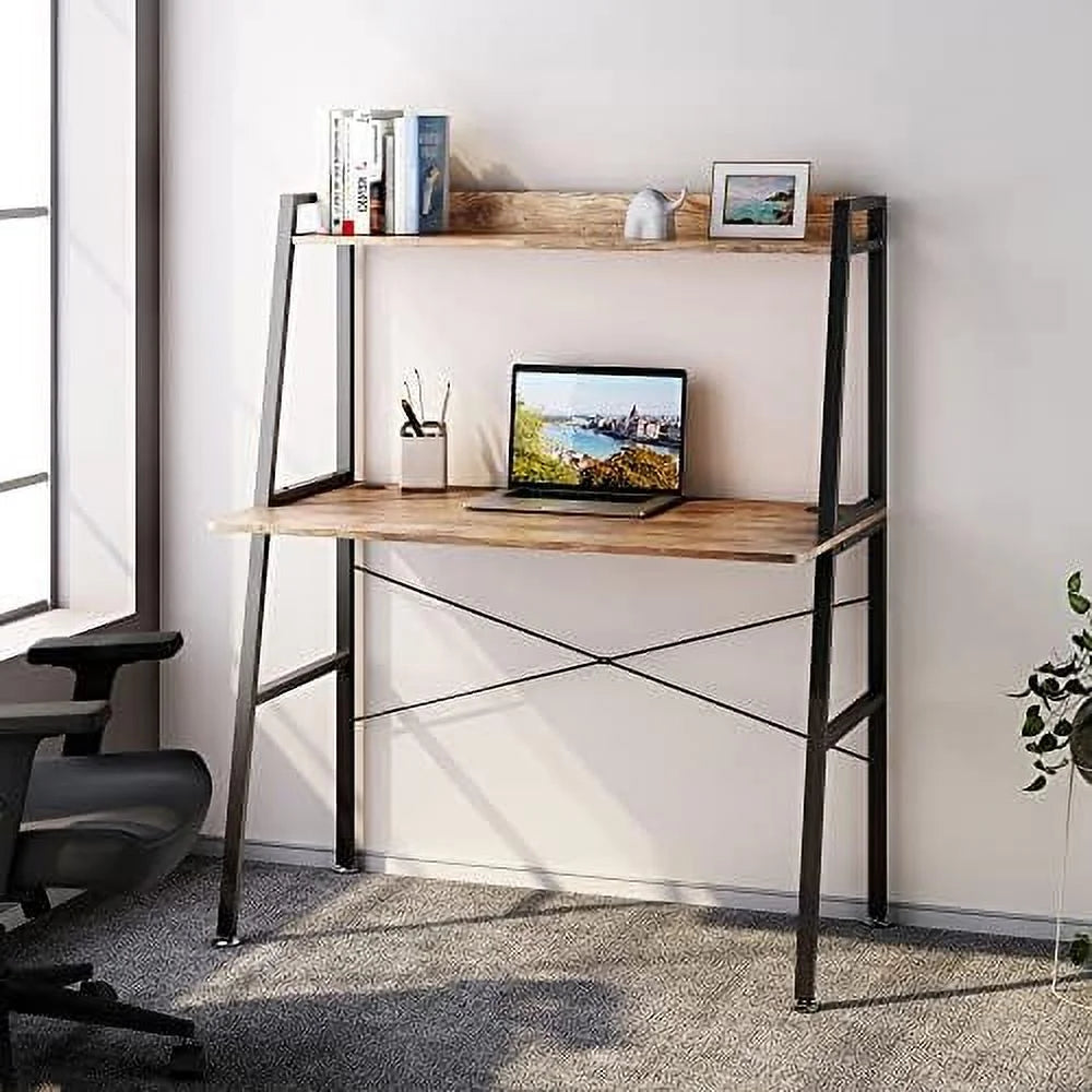 43 Inch Rustic Brown Computer Ladder Desk with Shelves L6727
