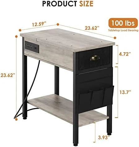 Set of 2 Black Narrow End Tables with Charging Station P28074
