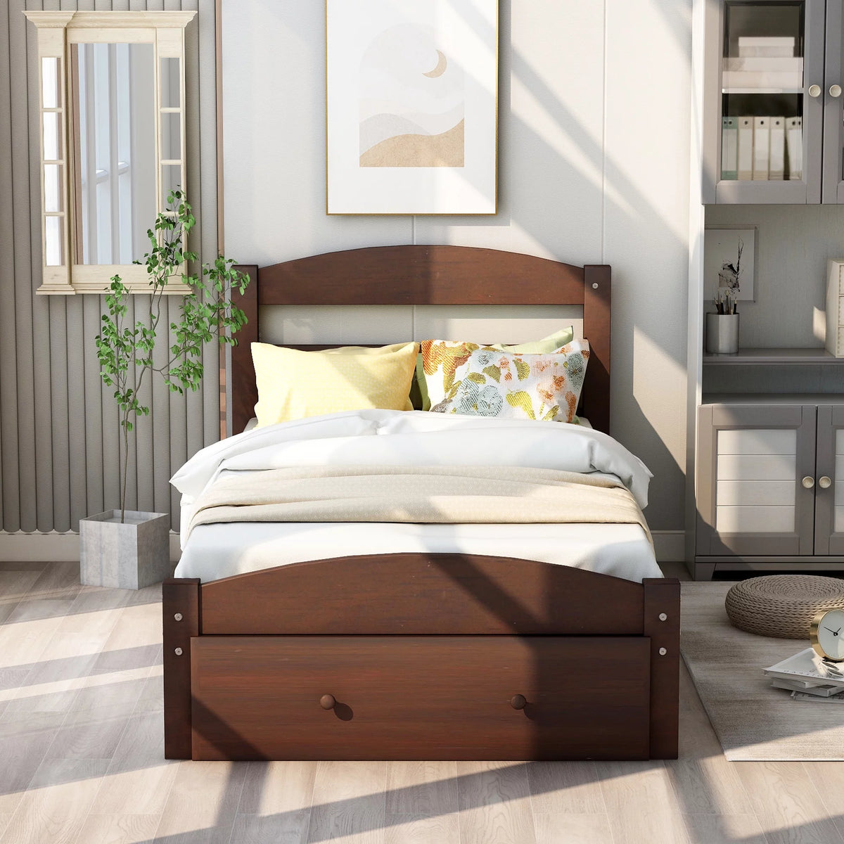 White Pine Wood Twin Bed with Storage Drawer G58159