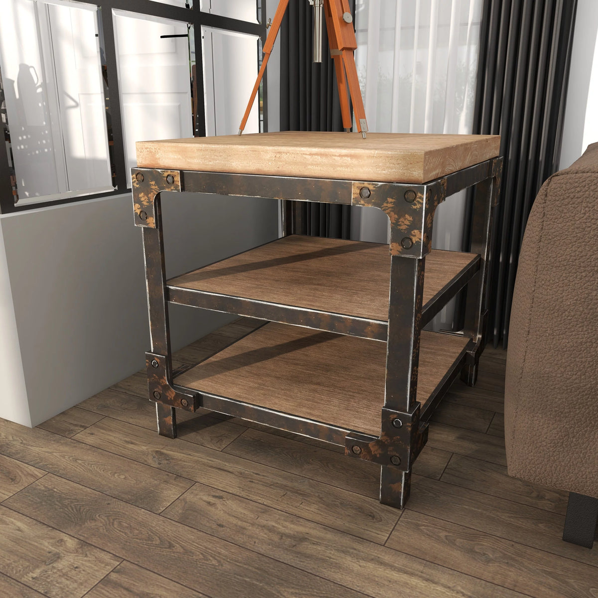 24" x 26" Brown Wood 2 Shelves Accent Table Y722