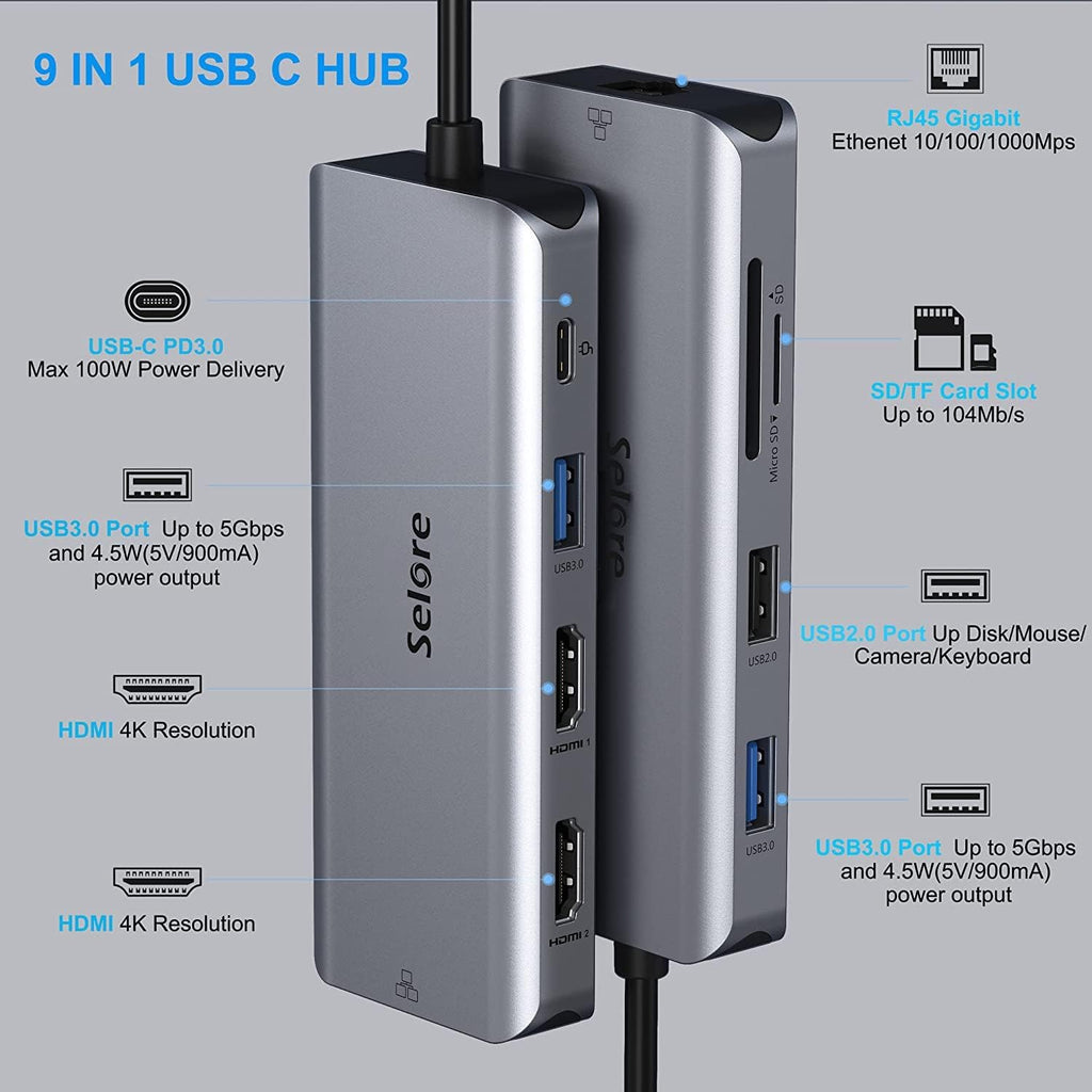 9 in 1 USB C Docking Station Dual Monitor Hub with Ethernet, USB 3.0, SD Card Reader, 100W PD U58207