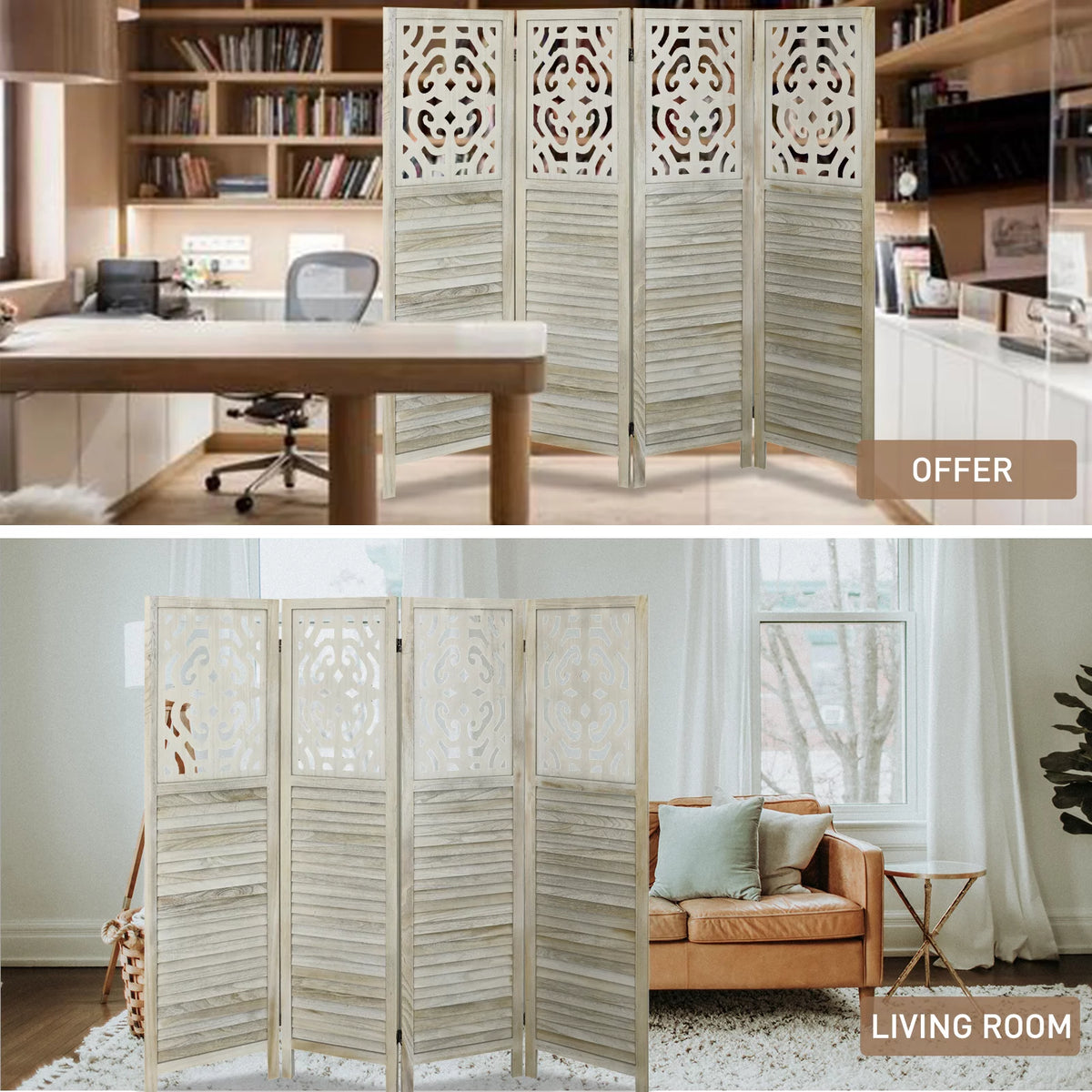 4 Panels Wood Carved Room Divider L66518