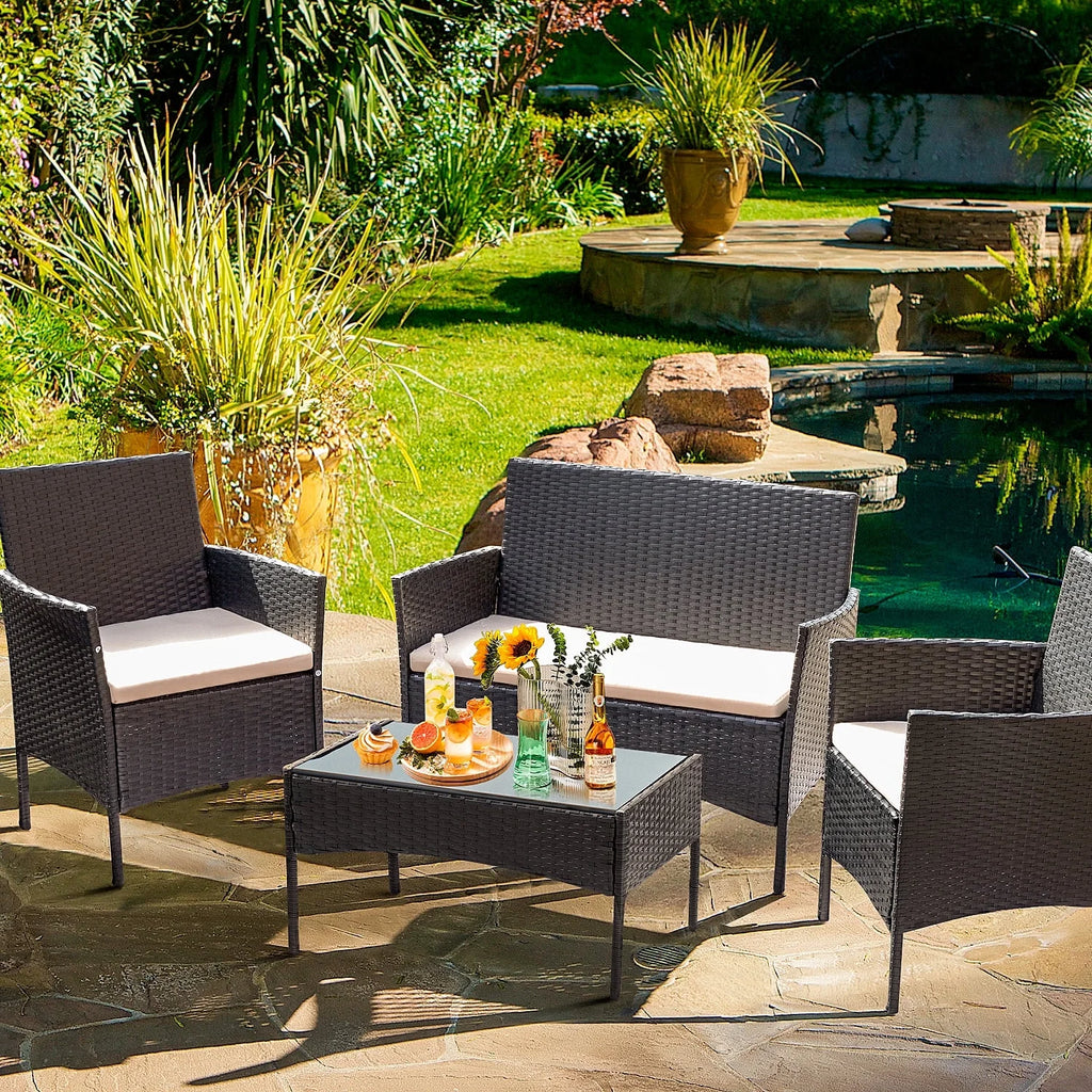 4 Piece PE Rattan Wicker Patio Table and Chairs Set with Cushions J6159