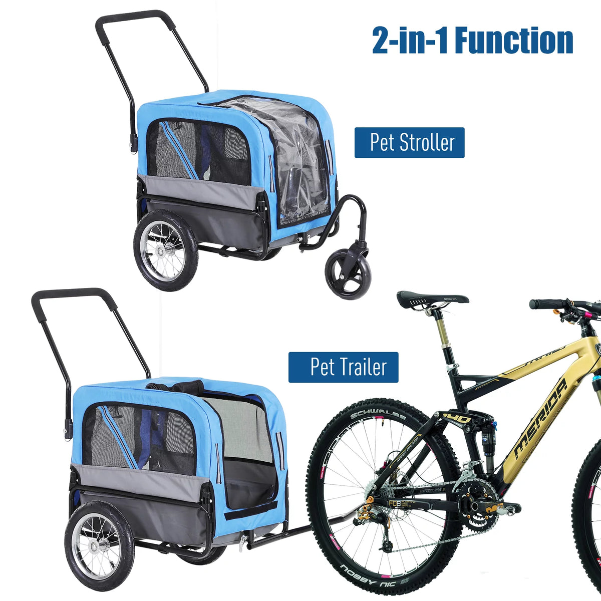 2-In-1 Dog Bicycle Trailer & Jogging Stroller with Swivel Wheels, Blue R921934