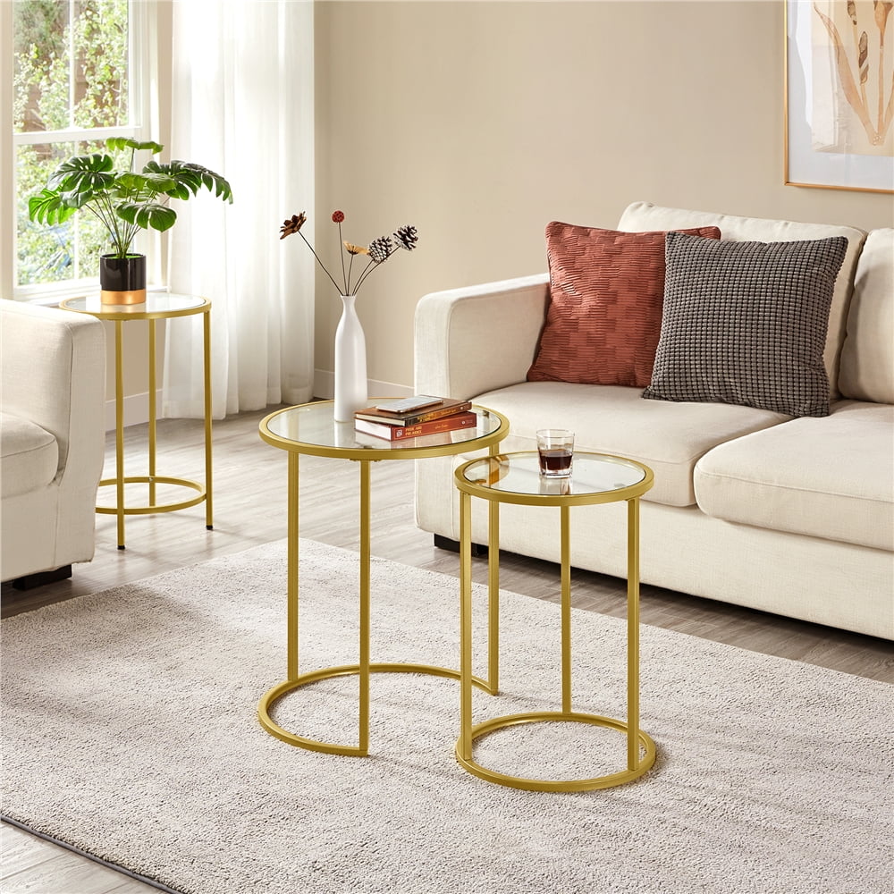 Round Nesting End Table Set with Metal Frame and Glass Top B479