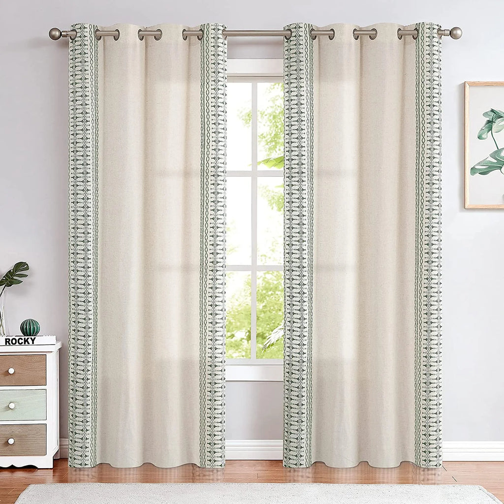 Sage on Beige Semi Sheer Linen Curtains 84 Inch Grommet 2 Panels L891606